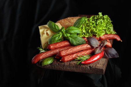 Thin smoked sausages with cheese, bread, and greens on an old cutting board.の写真素材