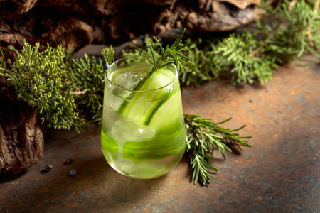 Refreshing hard seltzer with ice, cucumber, and rosemary. Light, natural, and pure perfect for those who value eco-friendly choices, a healthy lifestyle, and the true taste of nature.の写真素材