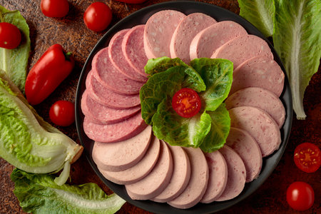 Various boiled sausages with greens and vegetables on a brown vintage background.