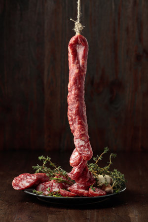 Dry-cured sausages with thyme and garlic on an old wooden table. Simple healthy food.の写真素材