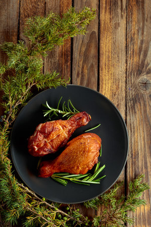 Smoked chicken drumsticks and juniper branches on an old wooden table. Top view. Copy space.の写真素材