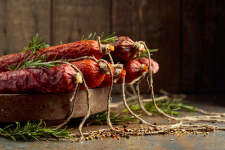 Smoked and dry cured sausages with rosemary and spices on a rustic background.の写真素材