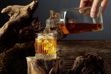 Whiskey on ice on an old wooden stump. A cold refreshing drink is poured from a bottle into a glass.の写真素材