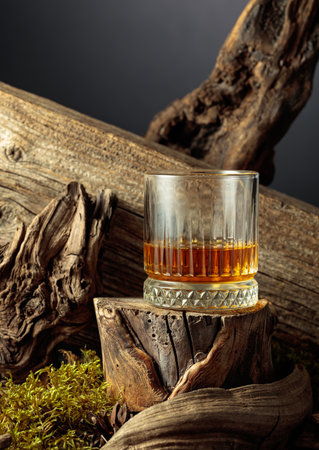 Glass of whiskey on an old wooden stump.の写真素材