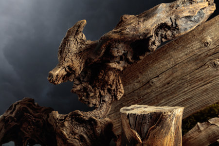 Composition with natural wooden snags and dry stump for advertising eco products. Place your product on a stump.の写真素材