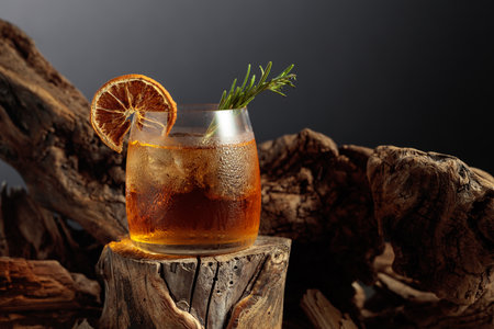Old-fashioned cocktail with ice on an old wooden stump. Cold refreshing drink garnished with dried orange slice and rosemary branch.の写真素材