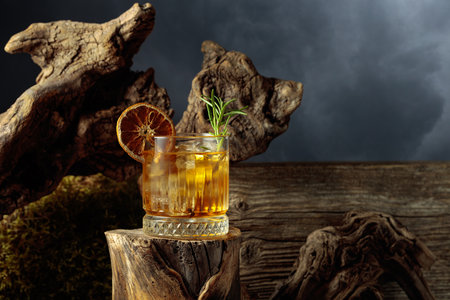 Old-fashioned cocktail with ice on an old wooden stump. Cold refreshing drink garnished with dried orange slice and rosemary branch.の写真素材