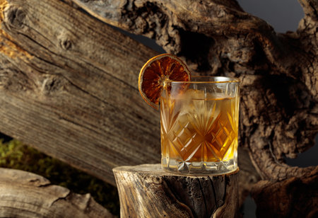 Old-fashioned cocktail with ice and dried orange slice on an old wooden stump.の写真素材