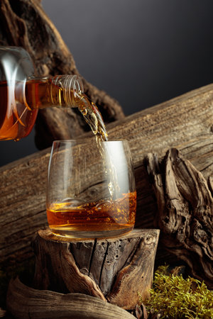 Glass of whiskey on an old wooden stump. A strong alcoholic drink is poured from a bottle into a glass.の写真素材