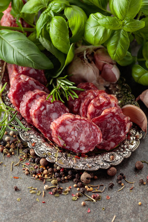 Sliced smoked sausage on a small silver tray. Sausage with herbs and spices on a stone table.の写真素材