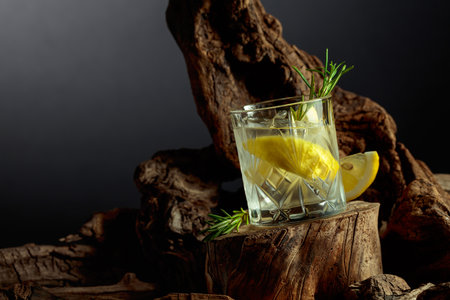 Gin and tonic cocktail with lemon slices, ice and a sprig of rosemary on an old wooden stump. A cold refreshing drink in a fogged glass. Copy space.の写真素材