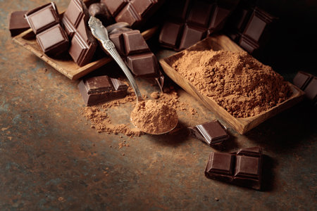 Scraps of dark chocolate next to a wooden bowl of cocoa powder. The warm brown background emphasizes the richness of the chocolate color. Focus on a spoon.の写真素材