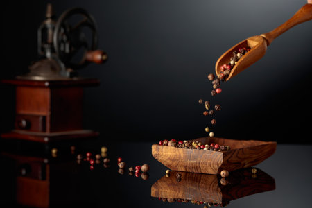 Peppercorn mix on a black background. Black, red, white, and allspice peppercorns are poured in wooden dish.の写真素材