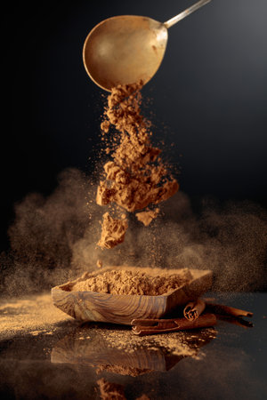 Cinnamon powder is poured into a wooden dish. Black background with copy space.の写真素材
