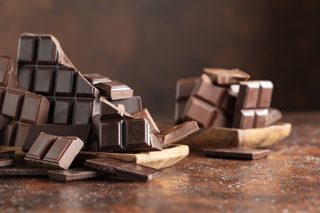 Broken bitter and milk chocolate bars on a brown vintage background.の写真素材