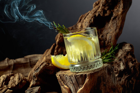 Cocktail gin and tonic over ice on an old wooden stump. Cold refreshing drink with lemon slices and smoldering sprig of rosemary.の写真素材