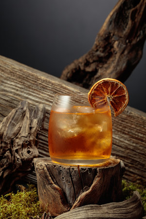 Old-fashioned cocktail with ice and dried orange slice on an old wooden stump.の写真素材