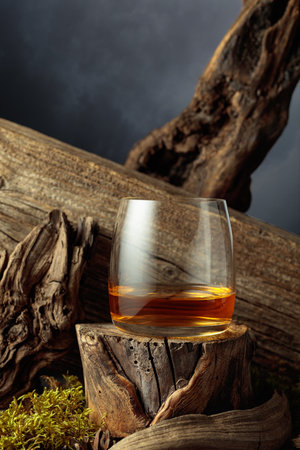 Glass of whiskey on an old wooden stump.の写真素材