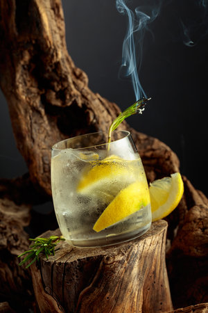 Cocktail gin and tonic over ice on an old wooden stump. Cold refreshing drink with lemon slices and smoldering sprig of rosemary.の写真素材