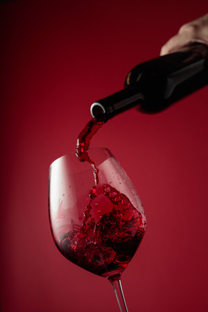 Pouring red wine from a bottle into a glass. Red background with copy space.の写真素材