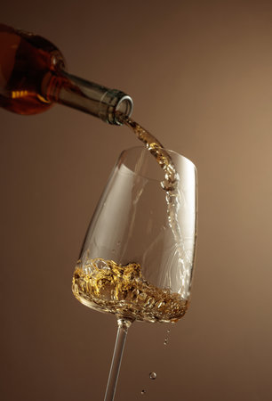 Pouring white wine from a bottle into a glass. Beige background with copy space.の写真素材