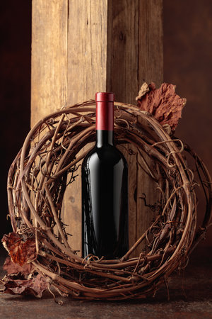 Bottle of red wine and dried grapevine wreath. Copy space.の写真素材