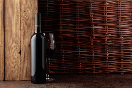 Bottle of red wine on a vintage background. Copy space for your text with rich, full-bodied texture.の写真素材