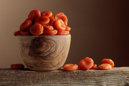 Organic dried apricots in a wooden dish on a brown background. Copy space.の写真素材