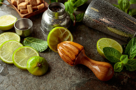 Wooden citrus squeezer, shaker, and ingredients for making summer refreshing drinks. Brown sugar, limes, and fresh mint branches on a stone table.の写真素材