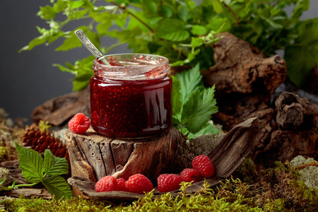 A jar of raspberry jam with fresh berries on an old tree trunk in the forest. A concept of healthy,...