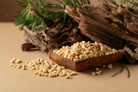 Peeled pine nuts with cedar dried snags and green branches. Pine nuts in wooden dish on a beige background.の写真素材