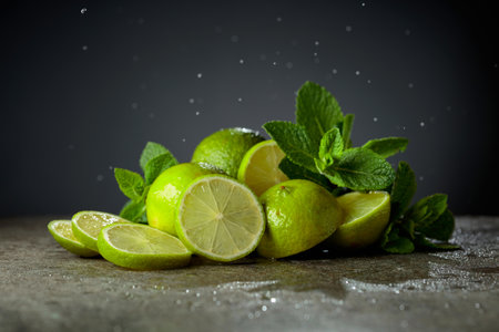 Lime slices and fresh mint branches on a stone table. The fine water droplets in the air create an extra feeling of freshness that anyone who experiences it can enjoy.の写真素材