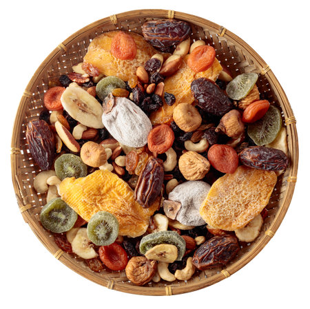 Mix of dried tropical fruits, nuts, and raisins isolated on a white background. Top view.の写真素材