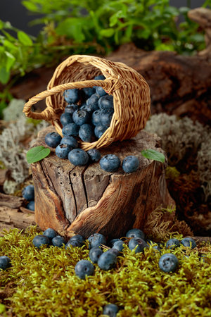A small wicker basket filled with ripe blueberries. Fresh berries are piled high in the basket, with some spilling onto the surface below.の写真素材