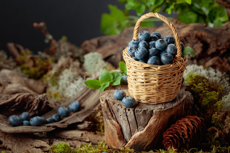 A small wicker basket filled with ripe blueberries. Fresh berries are piled high in the basket, with some spilling onto the surface below. Copy space.の写真素材