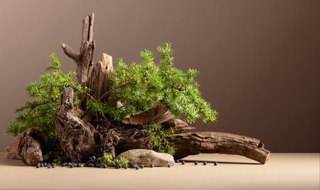 Abstract nature scene with a composition of juniper and dry snags. Neutral beige background for cosmetic, beauty product branding, identity, and packaging. Copy space, front view.の写真素材