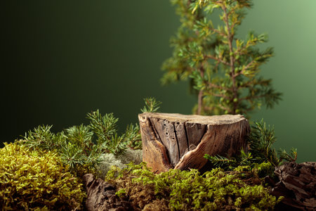 Composition with natural wood, moss and juniper branches for advertising eco products. Place your product on a stump. Copy space.の写真素材