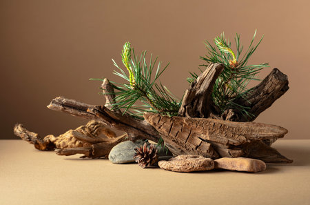 Abstract nature scene with a composition of pine branches, stones, and dry snags. Beige background for cosmetics, beauty product branding, identity, and packaging. Copy space.の写真素材