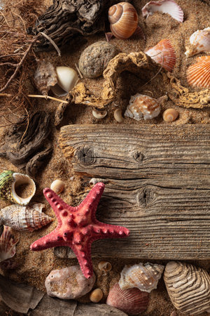 Beach themed background with driftwoods, shells, stones, and sand. Top view. Place your text or product on a wooden board.の写真素材