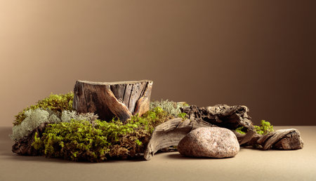 Composition with natural wooden snags and moss for advertising eco products. Place your product on a stump. Beige background with copy space.の写真素材