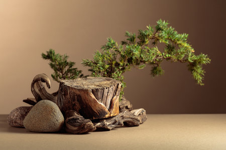 Composition with natural wooden snags, stones and juniper branches for advertising eco products. Place your product on a stump. Copy space.の写真素材