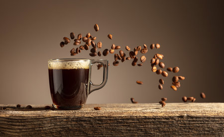 Espresso in glass cup on an old wooden table. Roasted coffee beans in motion. Copy space.の写真素材