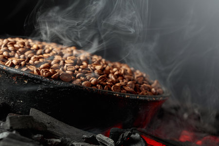 Roasting coffee beans. Black background with copy space.