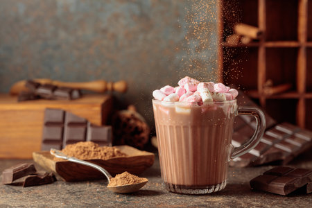 Hot chocolate drink with marshmallows sprinkled with cocoa powder. A mug of hot chocolate with broken bitter chocolate bars and cocoa powder. Copy space.の写真素材