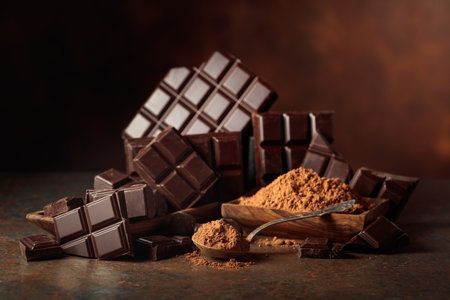 Scraps of dark chocolate next to a wooden bowl of cocoa powder. The warm brown background emphasizes the richness of the chocolate color. Copy space.の写真素材