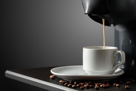 Espresso machine making fresh coffee. Black background with copy space.の写真素材