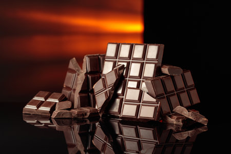 Broken bitter chocolate bars on a black glossy background. Copy space.