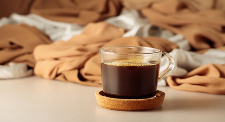 Black coffee in glass cup on a beige background. Copy space.の写真素材