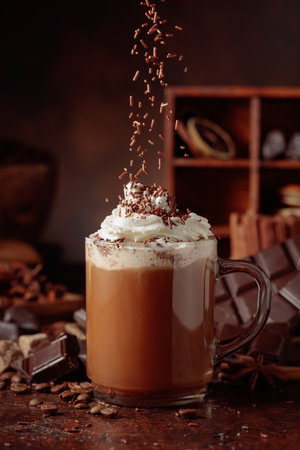 Chocolate drink topped with whipped cream and sprinkled with chocolate chips. A chocolate drink featuring ingredients set against a vintage brown background.の写真素材