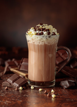 Hot chocolate cocoa drink with whipped cream. Cocoa drink in glass mug and pieces of bitter chocolate on a dark brown background.の写真素材